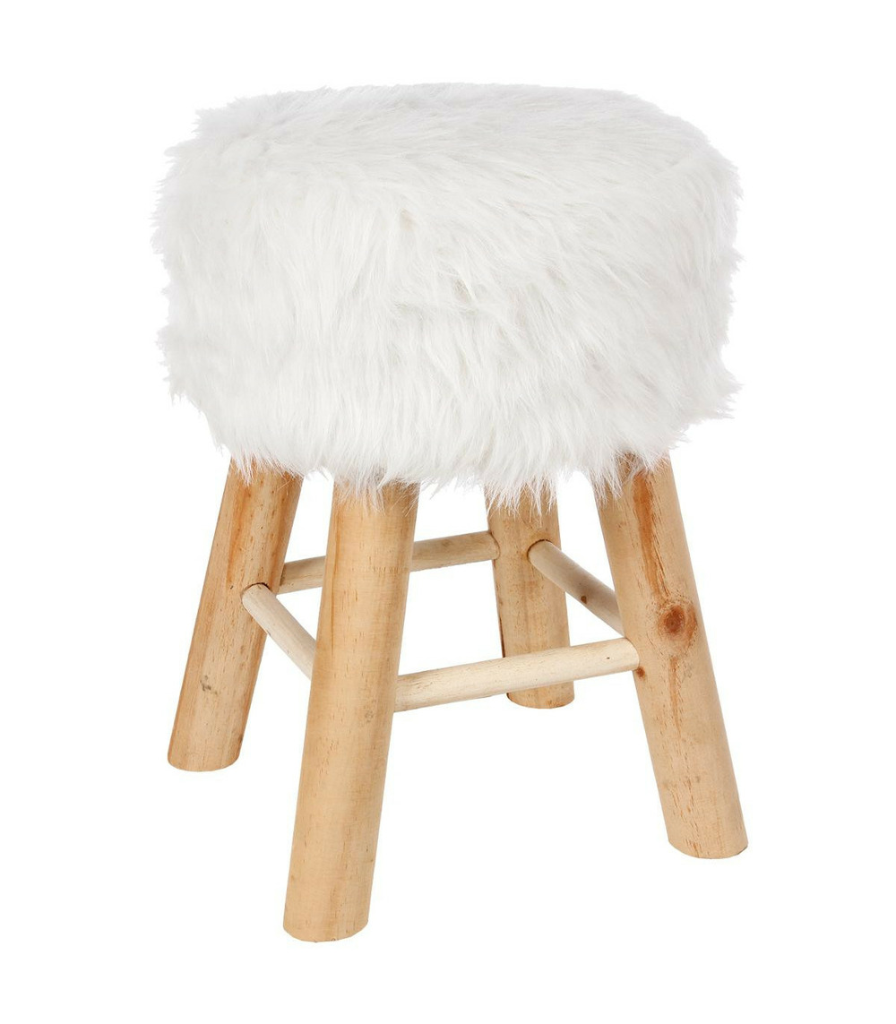 Tabouret en bois et fourrure synthétique h 42 cm coloris blanc