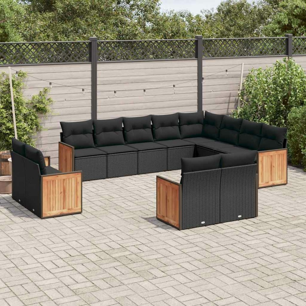 Salon de jardin 12 pcs avec coussins noir résine tressée