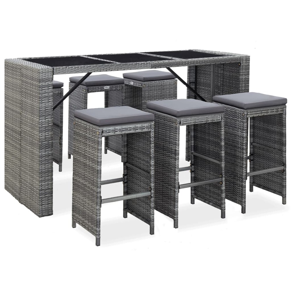 Meuble de bar de jardin 7 pcs et coussins résine tressée gris