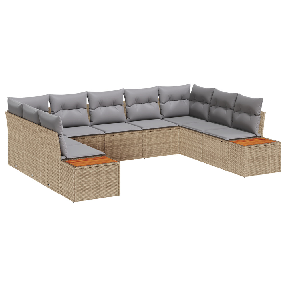 Ensemble de canapé de jardin 9 pièces avec coussins en rotin poly beige acacia