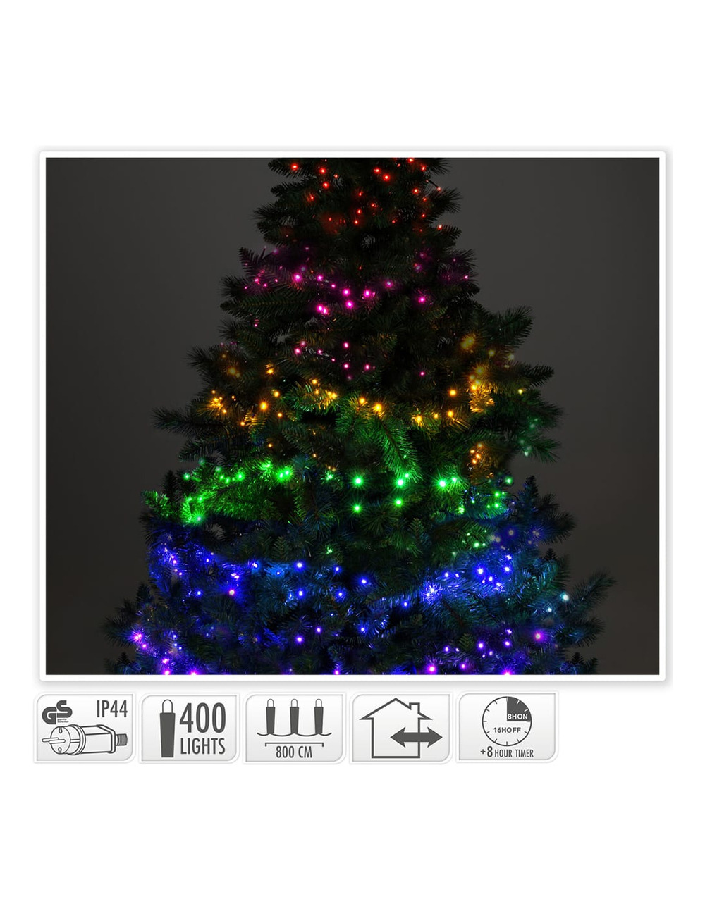 Guirlande led, 7 sections de couleurs, ip44, 400 leds, 220v, 8m. Basics