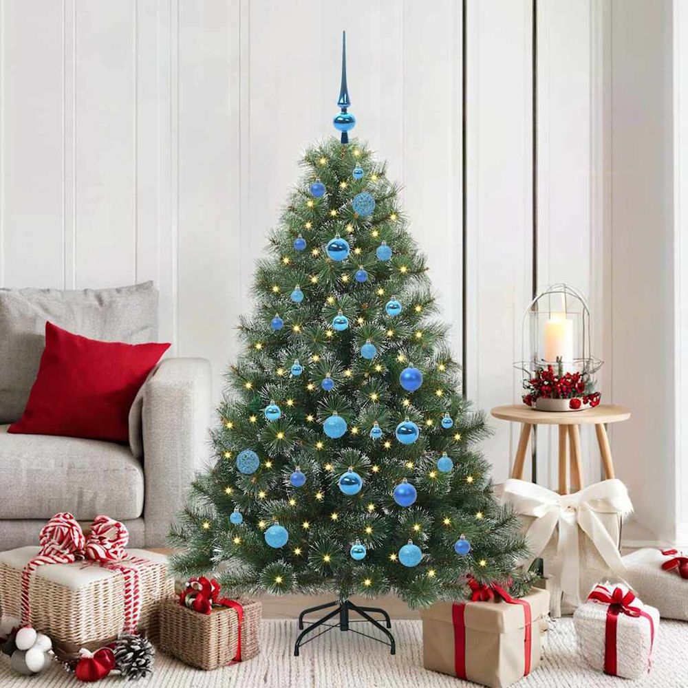 Arbre de noël artificiel 1.5m, pack complet lumineux avec 150 led, boules et cimier