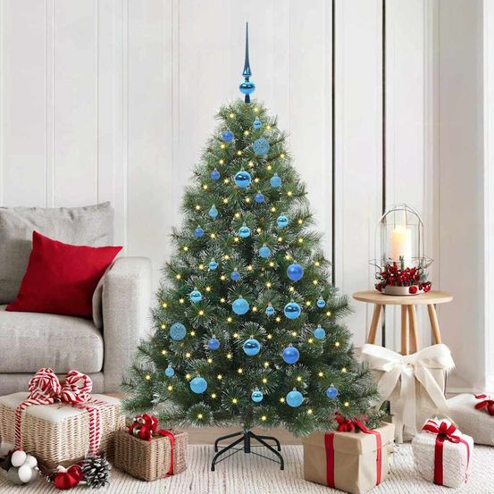 Arbre de noël artificiel 1.5m, pack complet lumineux avec 150 led, boules et cimier