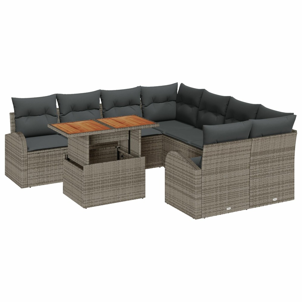 Ensemble de salle à manger de jardin de 9 pièces avec coussins gris poly rattan acacia