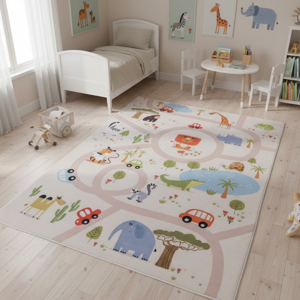 Tapis enfant 120x170 lyn11 gps rose, très doux et facile d'entretien