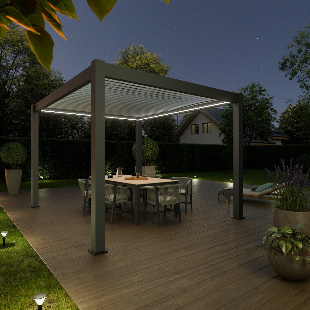 Pergola bioclimatique aluminium autoportée 12m² - 3x4 - kit led inclus - anthracite - lames en aluminium a 120 degrés - eclipse