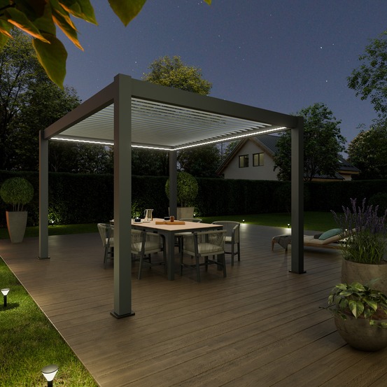 Pergola bioclimatique aluminium autoportée 12m² - 3x4 - kit led inclus - anthracite - lames en aluminium a 120 degrés - eclipse