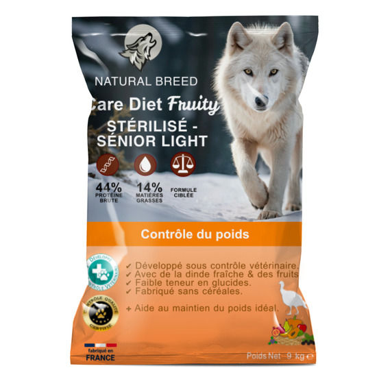 Croquettes dinde pour chien stérilisé & sénior - contrôle du poids - sans céréales faibles en glucides - care diet fruity - 9 kg