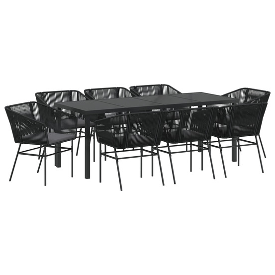 Ensemble de salle à manger de jardin 9 pièces avec coussins en poly rotin noir
