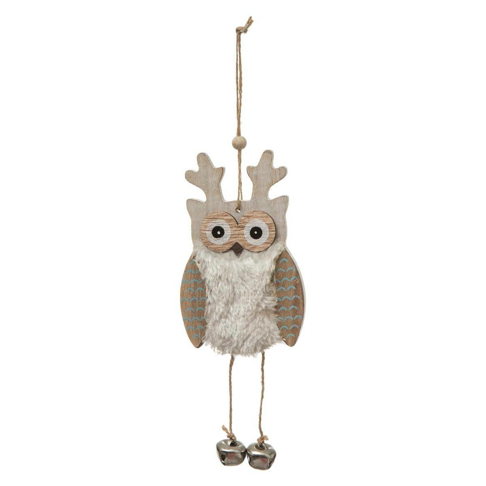 Suspension de noël bois hibou fourrure grelot