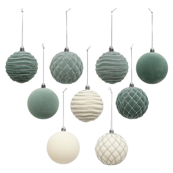 Déco de sapin coffret 9 boules de noël pailletées d 8 cm vert et blanc cassé
