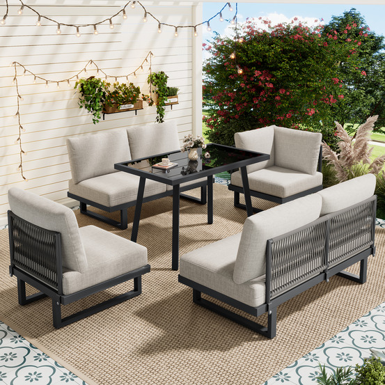 Ensemble à manger de jardin multifonction : canapé d’angle, lit de détente transformable, acier galvanisé, beige gris