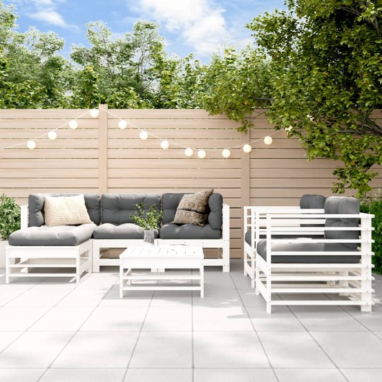 Salon de jardin 7 pcs blanc bois de pin massif
