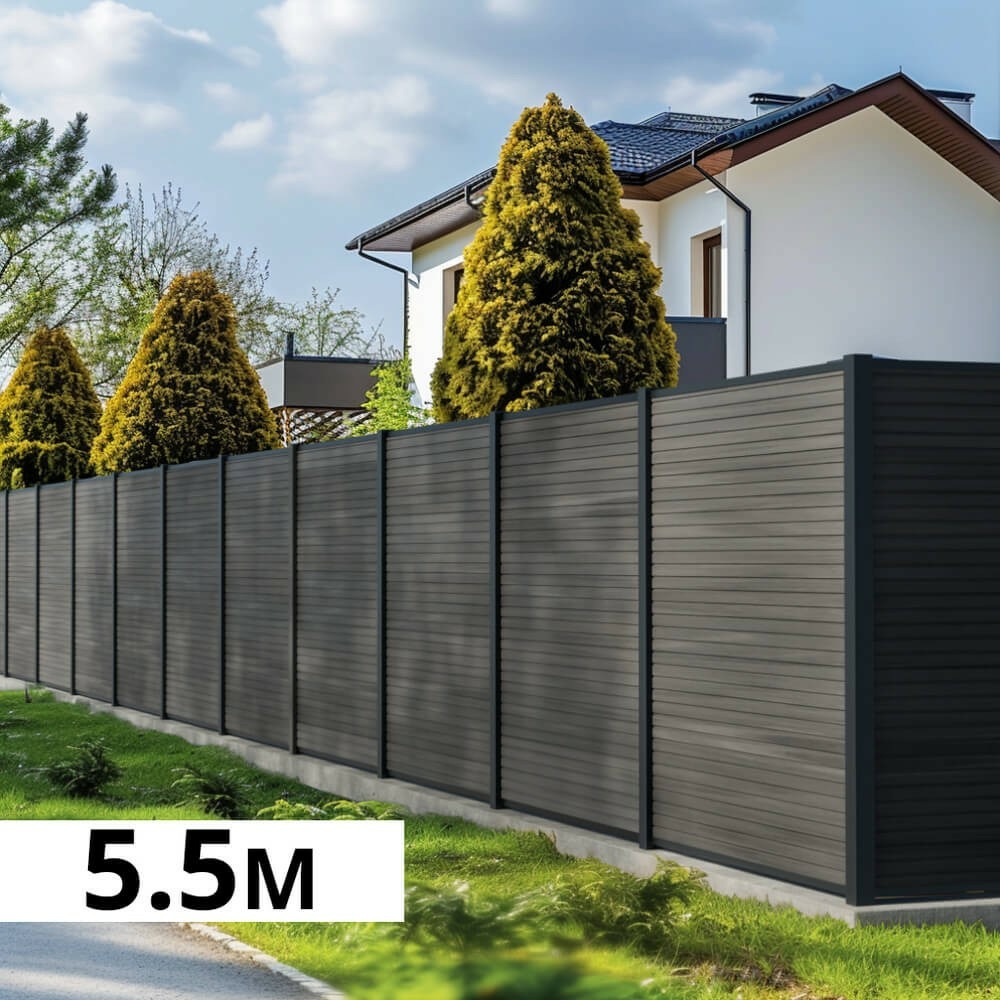 Kit clôture bois composite ardoise 5,5x1,8m santos - poteaux en aluminium gris - brise vue - palissade