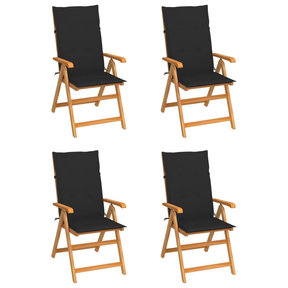 Ensemble de 4 chaises pliantes avec coussins noirs en bois de teck massif