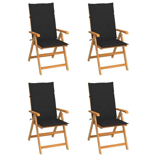 Ensemble de 4 chaises pliantes avec coussins noirs en bois de teck massif