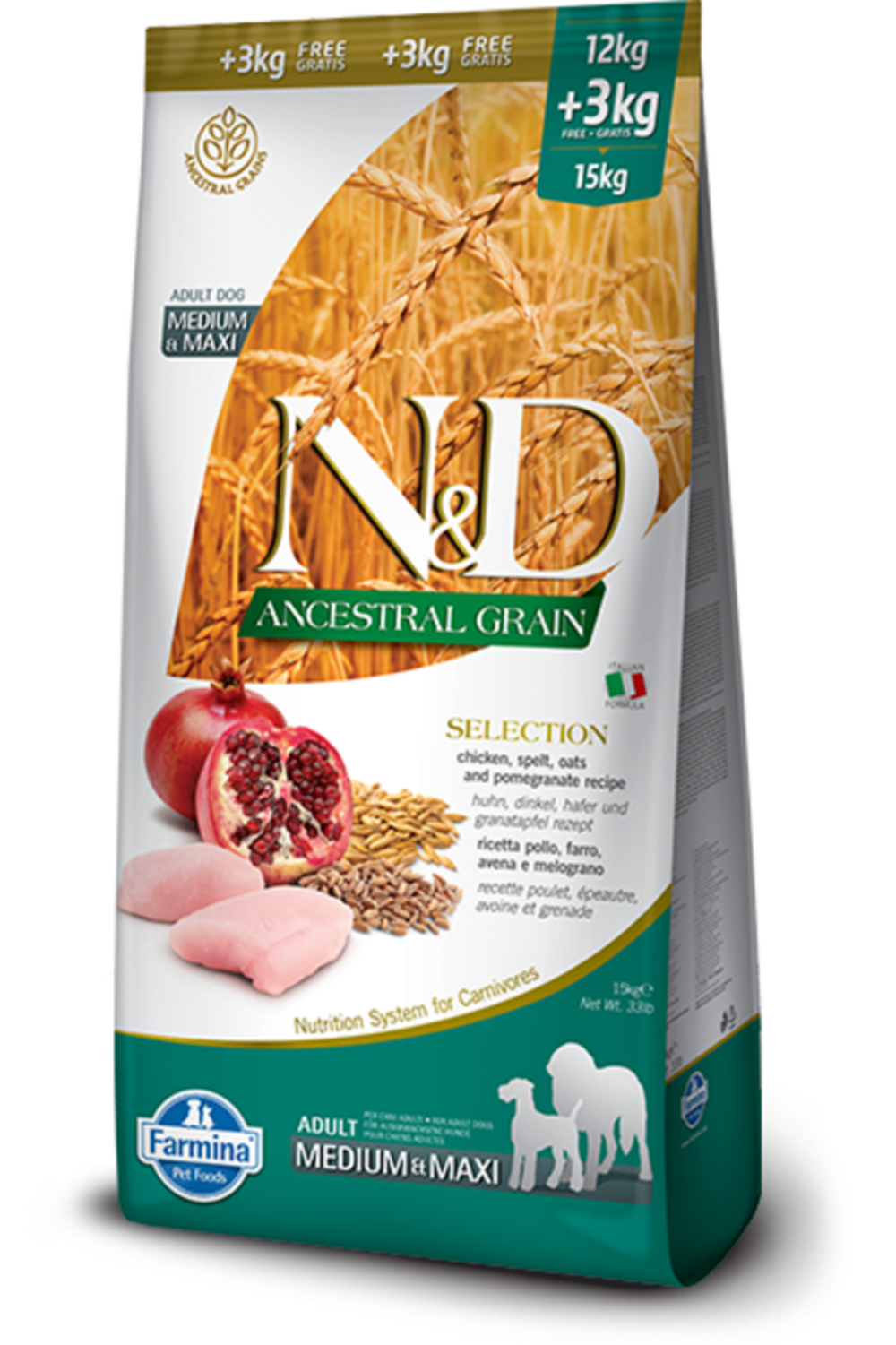 Croquettes n&d ancestral selection poulet & grenade chien adulte medium/maxi 15 kg