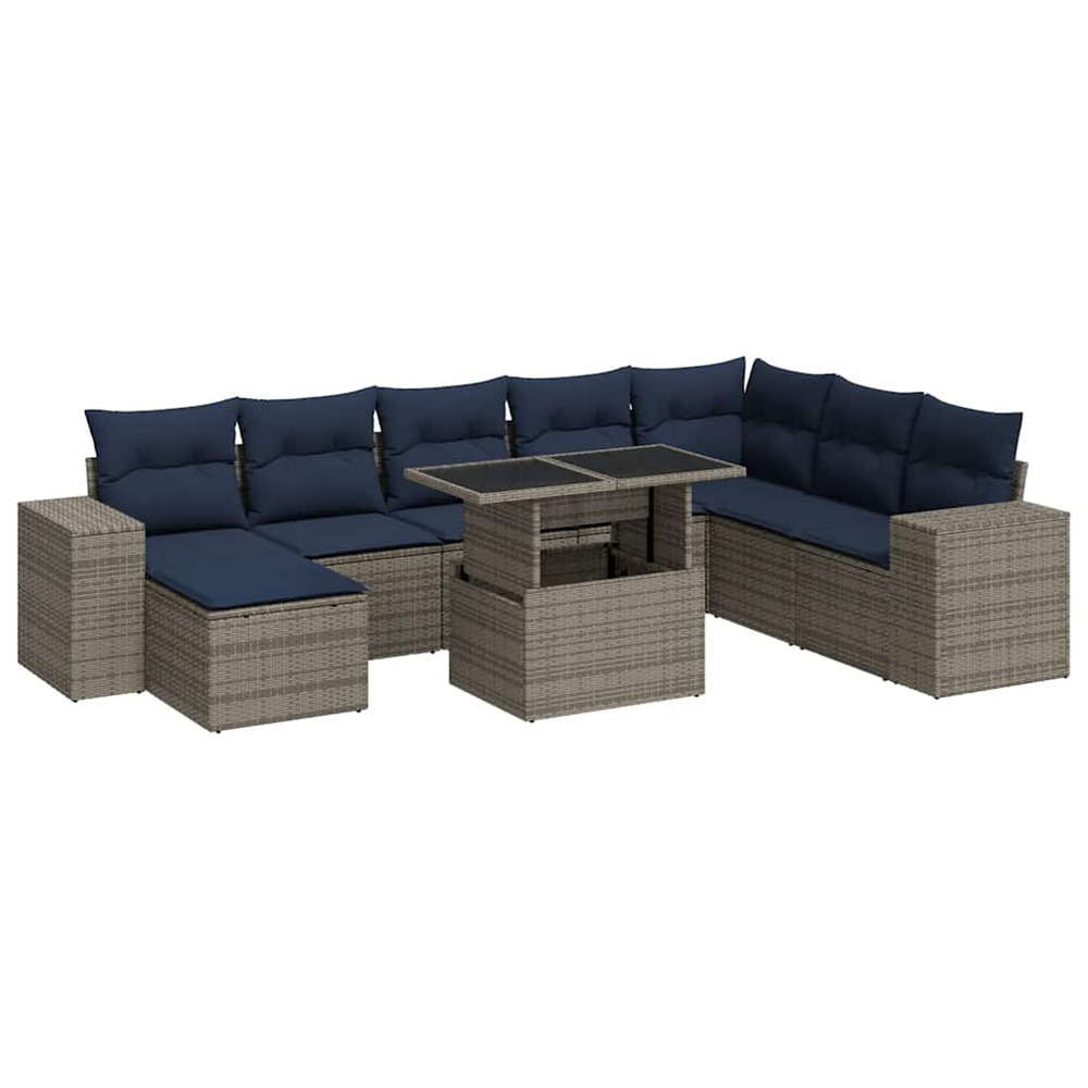 Salon de jardin avec coussins 9 pcs gris résine tressée acacia