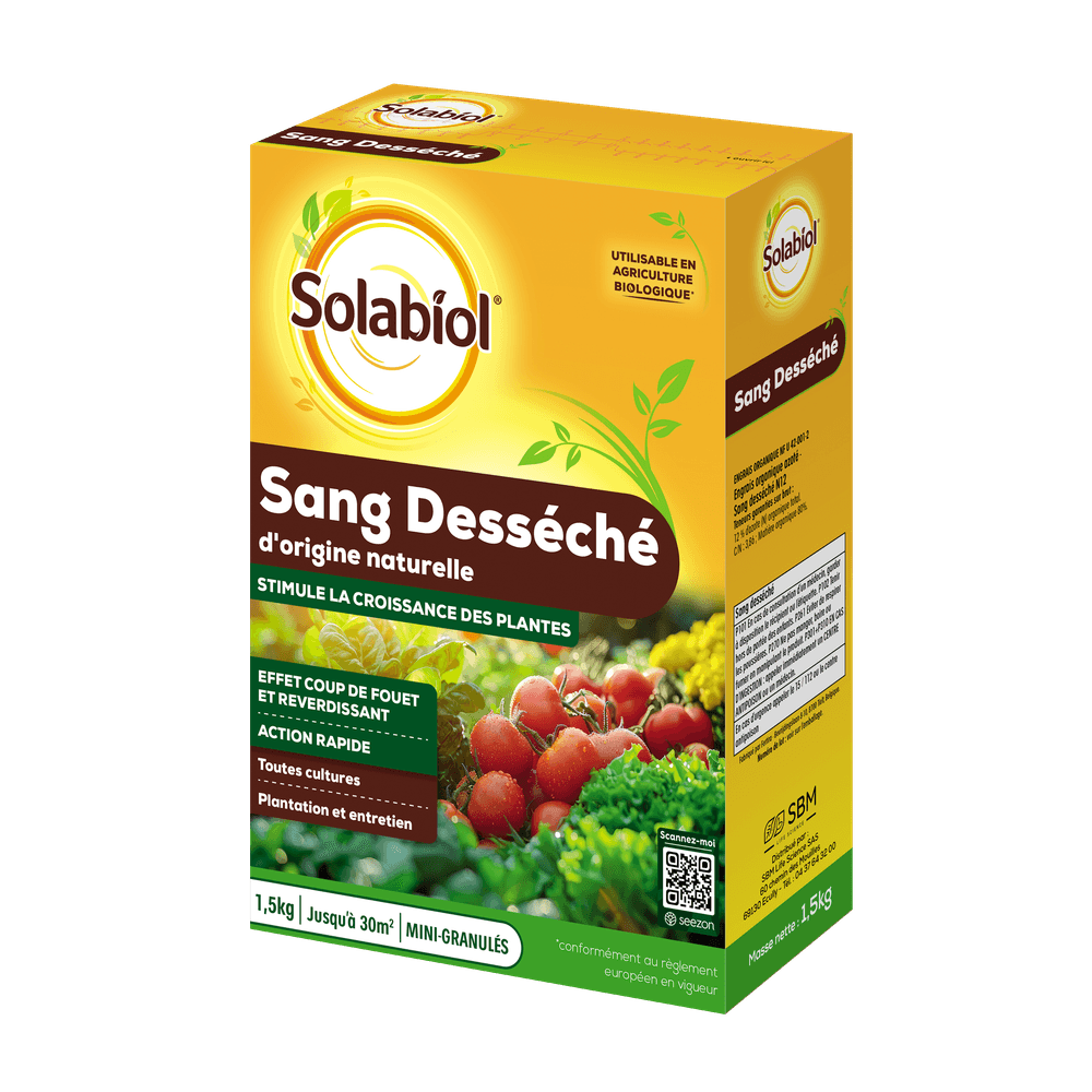 Solabiol engrais sang déséché - 1,5kg - jusqu'à 30m² - action coup de fouet - 100% sang désséché - effet reverdissant