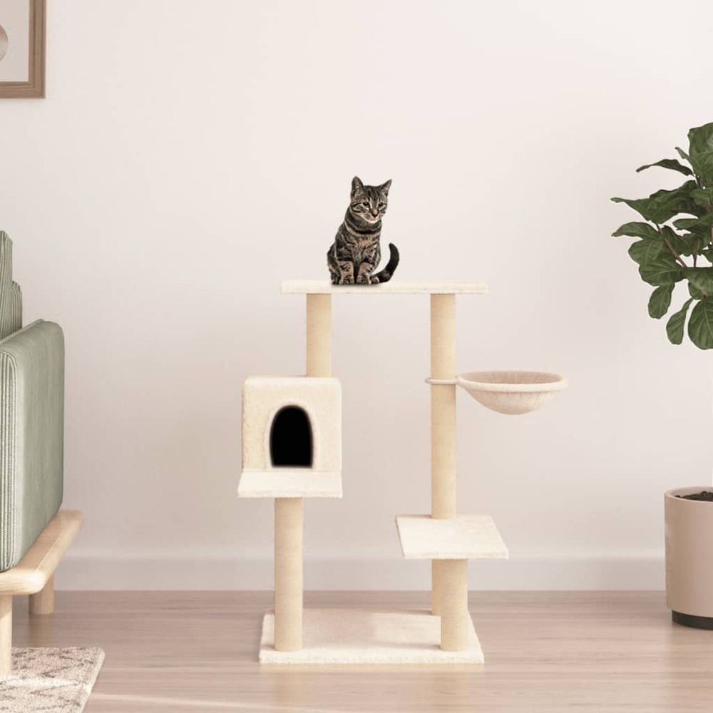 Arbre à chat compact avec niche et panier en peluche griffoirs sisal crème 82,5 cm