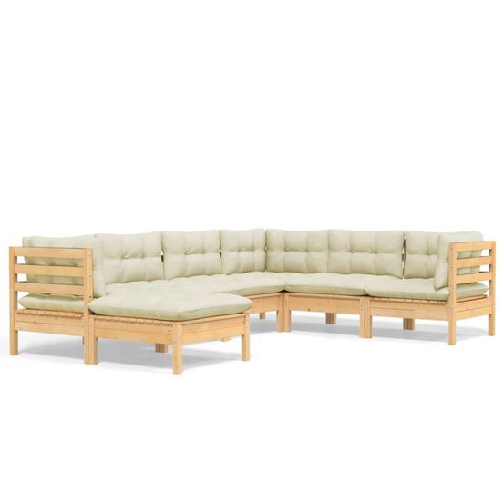 Salon de jardin 7 pcs avec coussins crème bois de pin massif