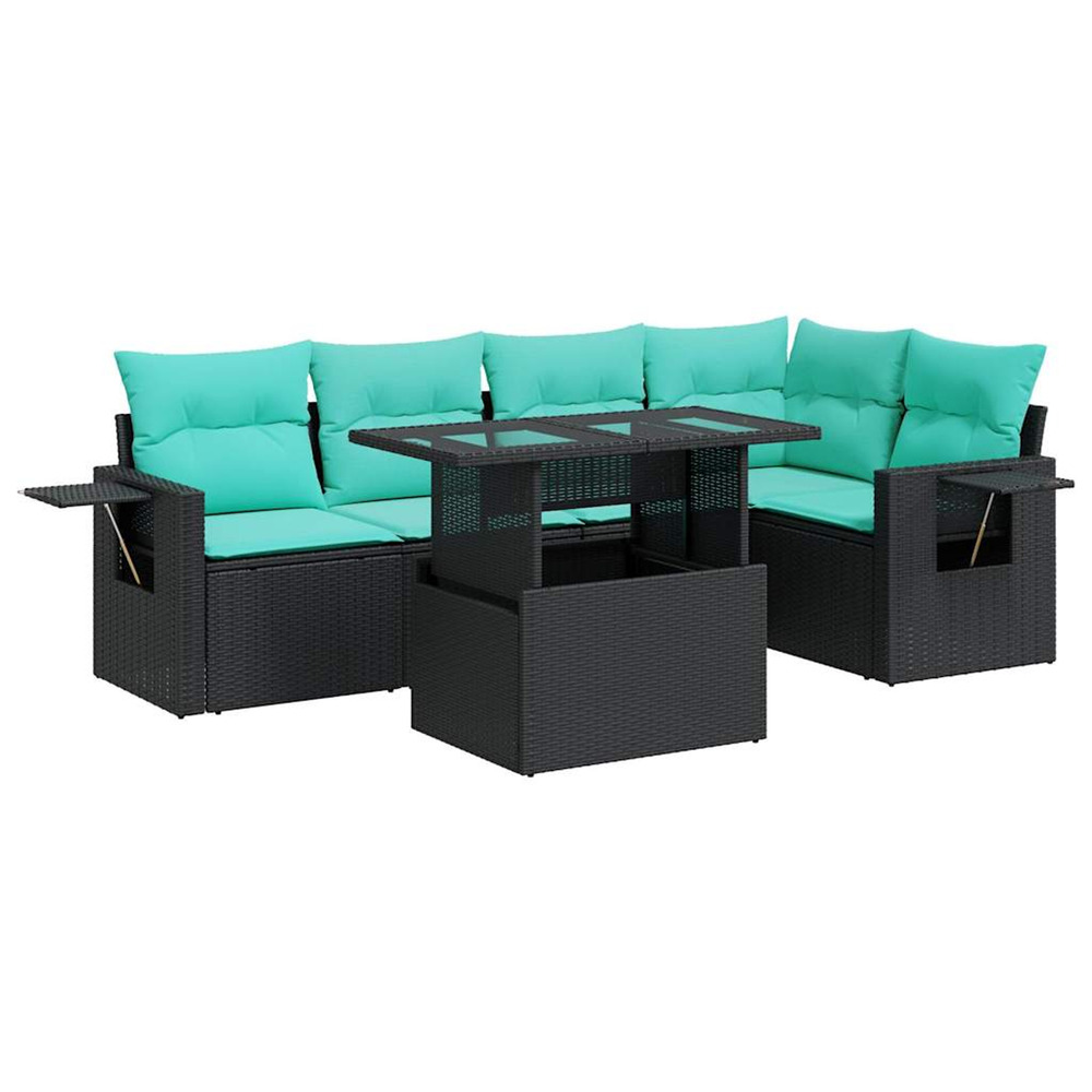 Salon de jardin 6 pcs avec coussins noir résine tressée acacia