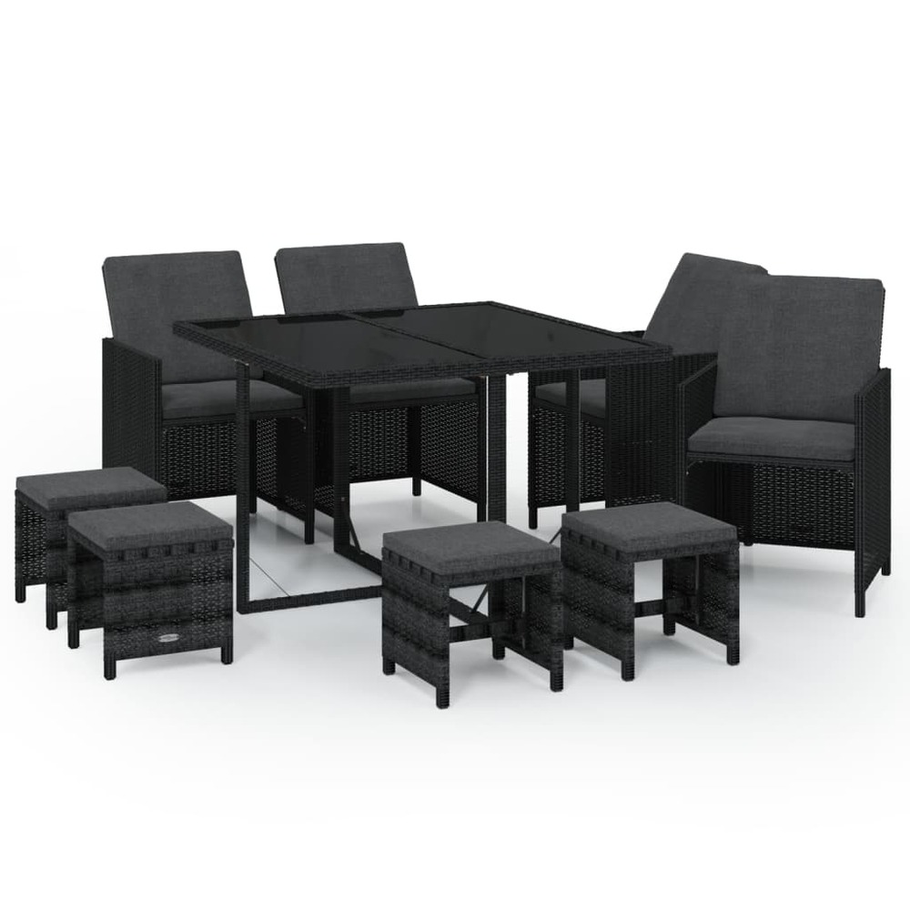 Ensemble à manger de jardin coussins 9pcs résine tressée noir