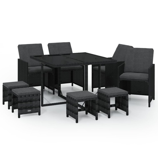 Ensemble à manger de jardin coussins 9pcs résine tressée noir