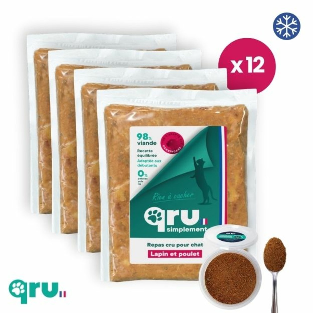 Aliment barf complet pour chat - pack reins sensibles chat - 1 mois - 12 sachets de 450 g + compléments alimentaires