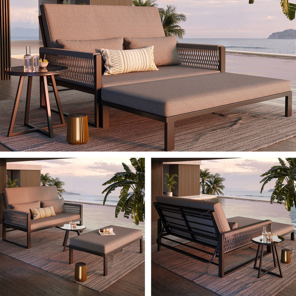 Chaise longue de jardin en acier forgé, accoudoirs tressés, résistante aux intempéries, avec table basse en verre, coussins, grise