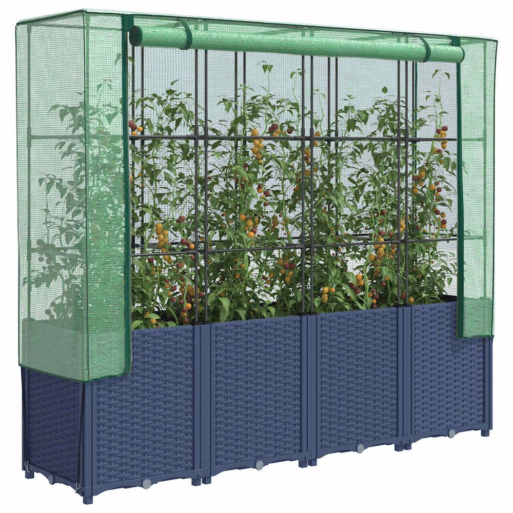 Grand bac potager sur pieds 160cm gris-bleu avec serre de protection, hauteur structure 153cm