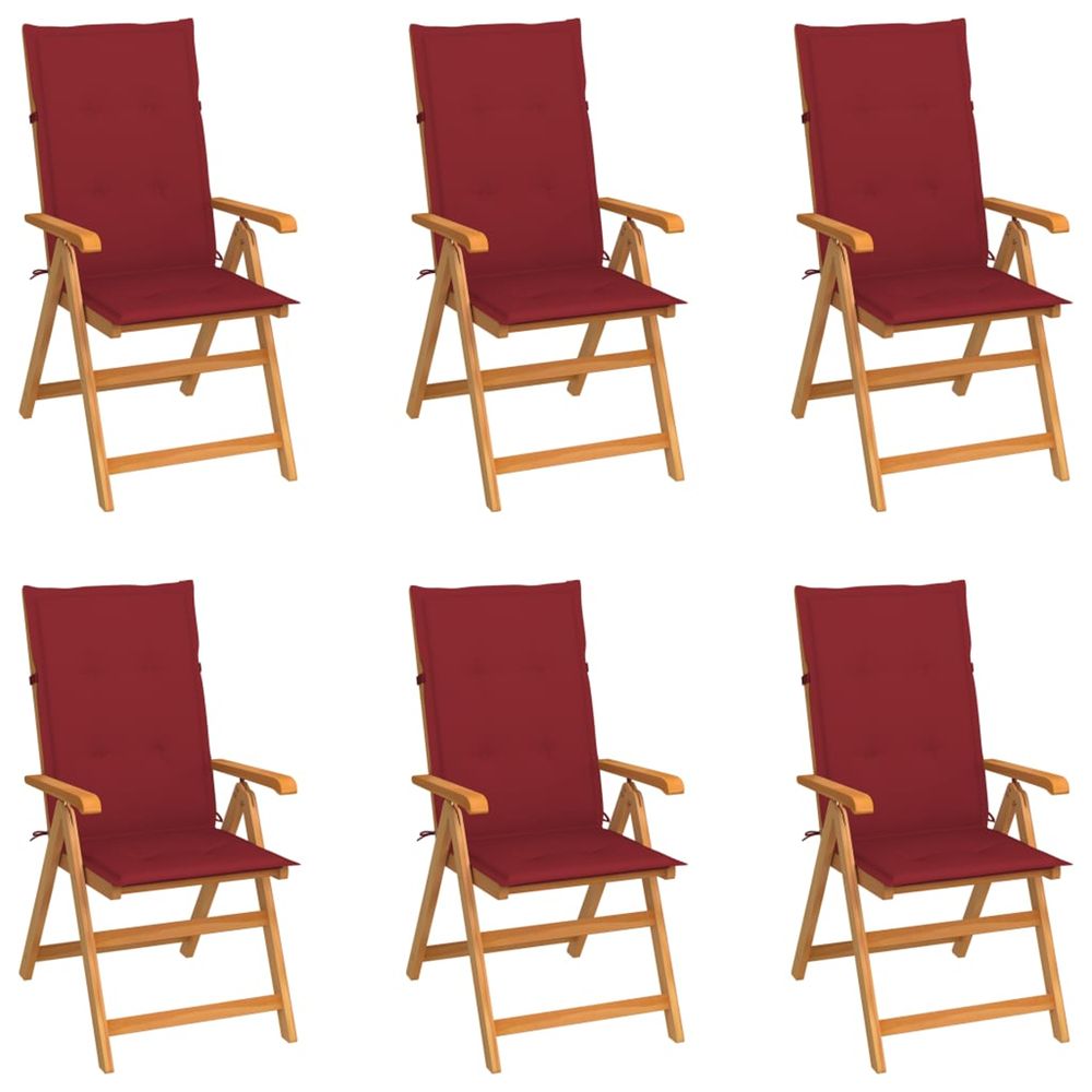 Ensemble de 6 chaises pliantes en teck massif avec coussins rouge bordeaux