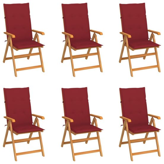 Ensemble de 6 chaises pliantes en teck massif avec coussins rouge bordeaux