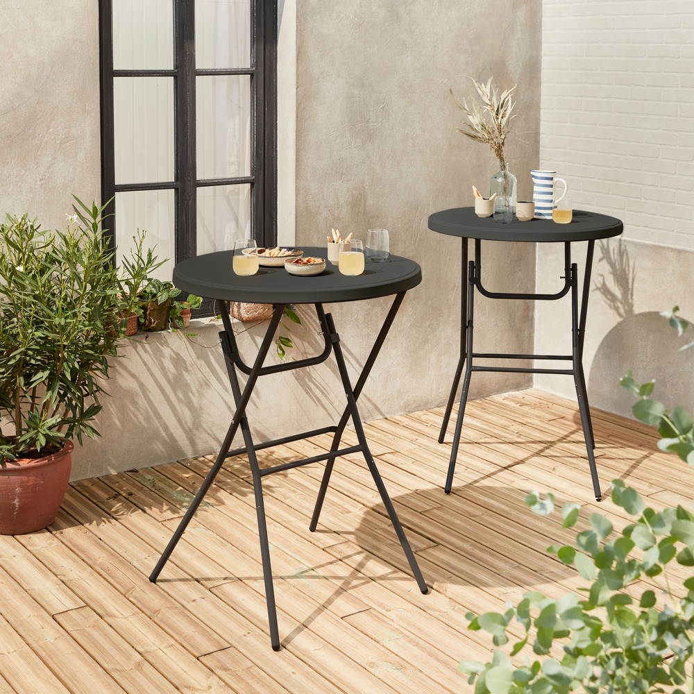 Lot de 2 tables hautes de réception – gala – mange debout. Pliables. Ø80cm x 110cm. Gris foncé