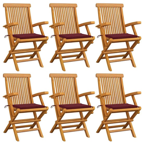Chaises de jardin coussins rouge bordeaux lot de 6 teck massif
