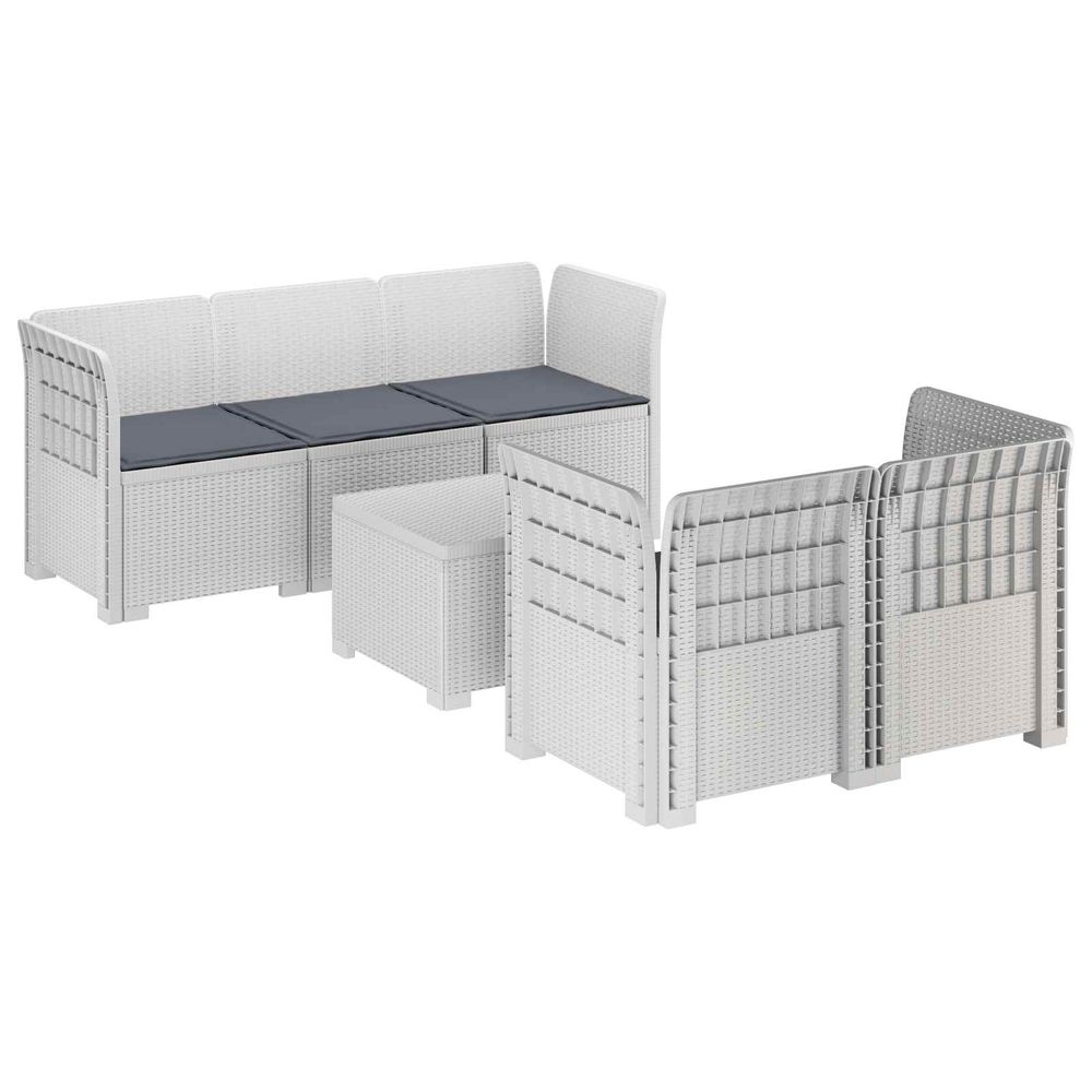Canapé de jardin 5 places avec coussins aspect rotin pp blanc