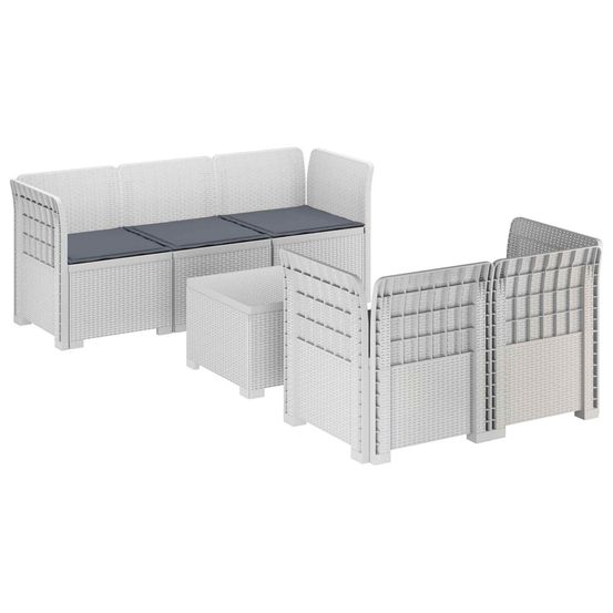 Canapé de jardin 5 places avec coussins aspect rotin pp blanc