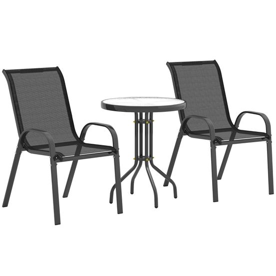 Ensemble bistro 3 pièces, résistant aux intempéries, avec table en verre et 2 chaises empilables, mobilier de jardin, noir