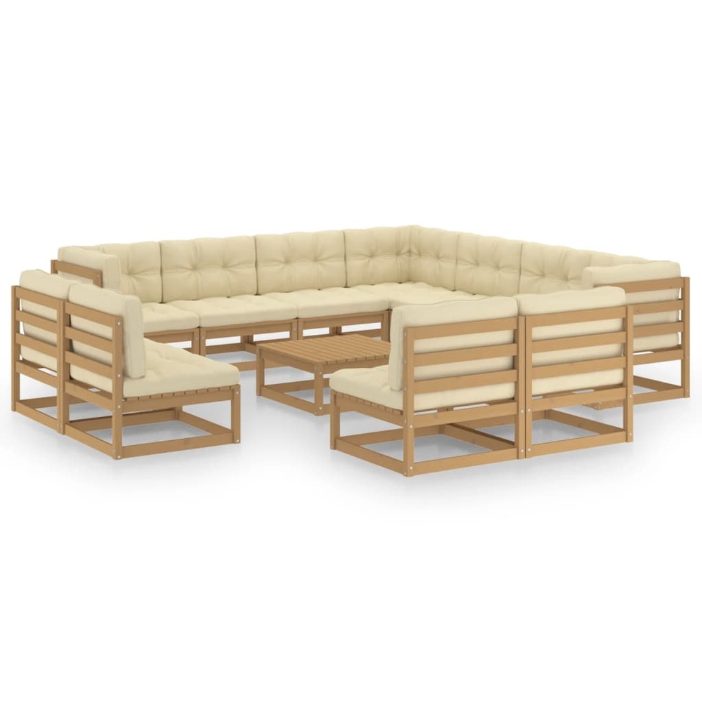 Salon de jardin meuble d'extérieur ensemble de mobilier 12 pièces avec coussins marron miel bois de pin