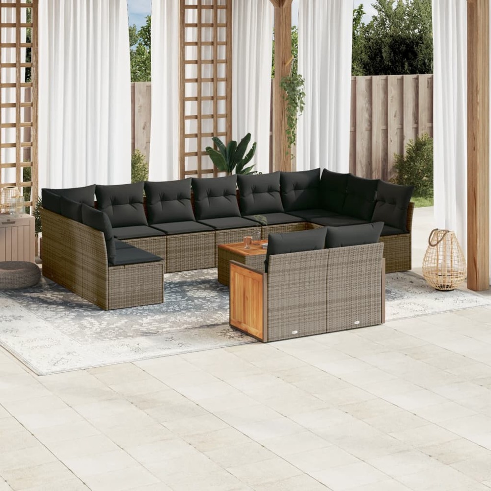 Salon de jardin avec coussins 13 pcs gris résine tressée