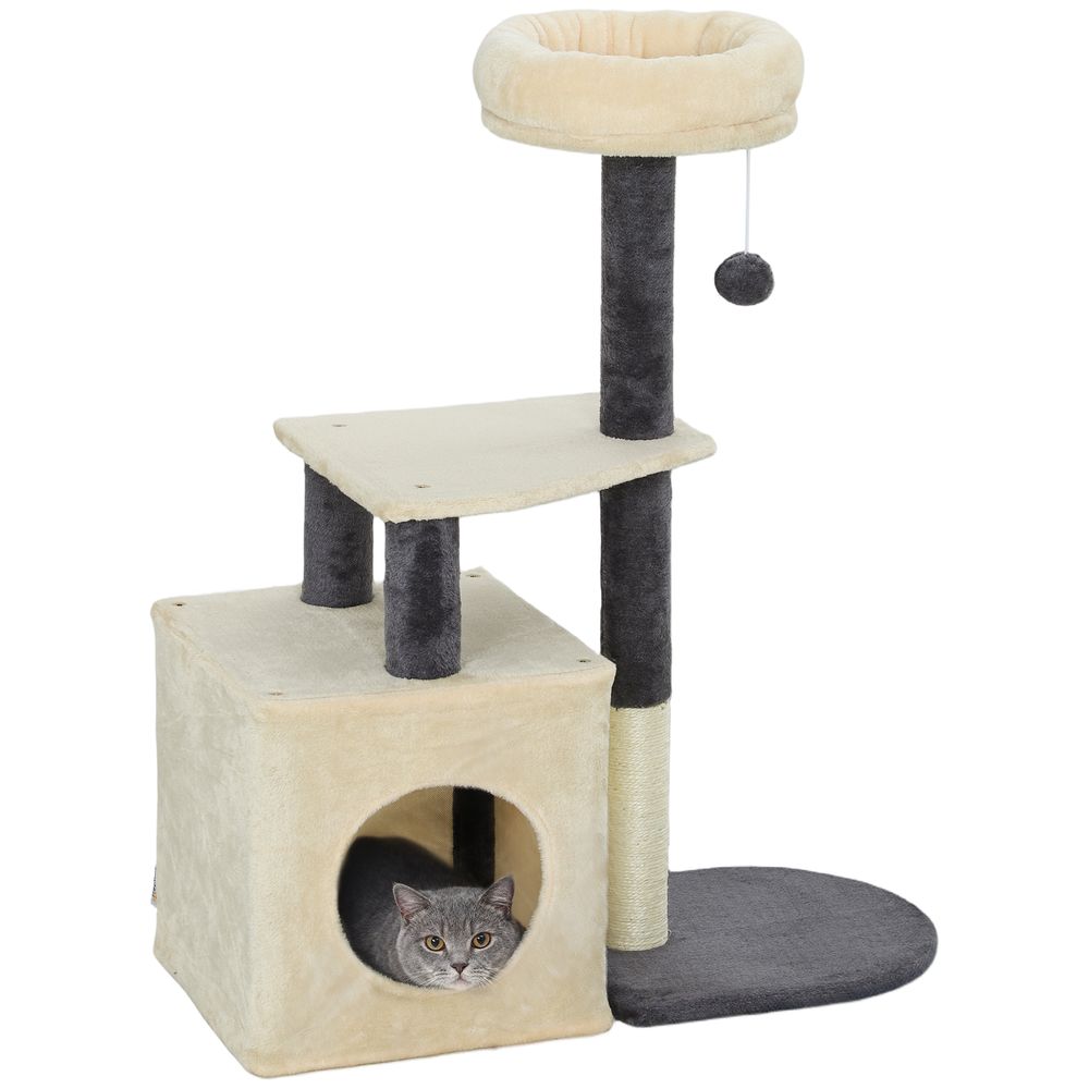 Arbre à chat bois peluche appartement repos et jeu griffoir 92cm beige