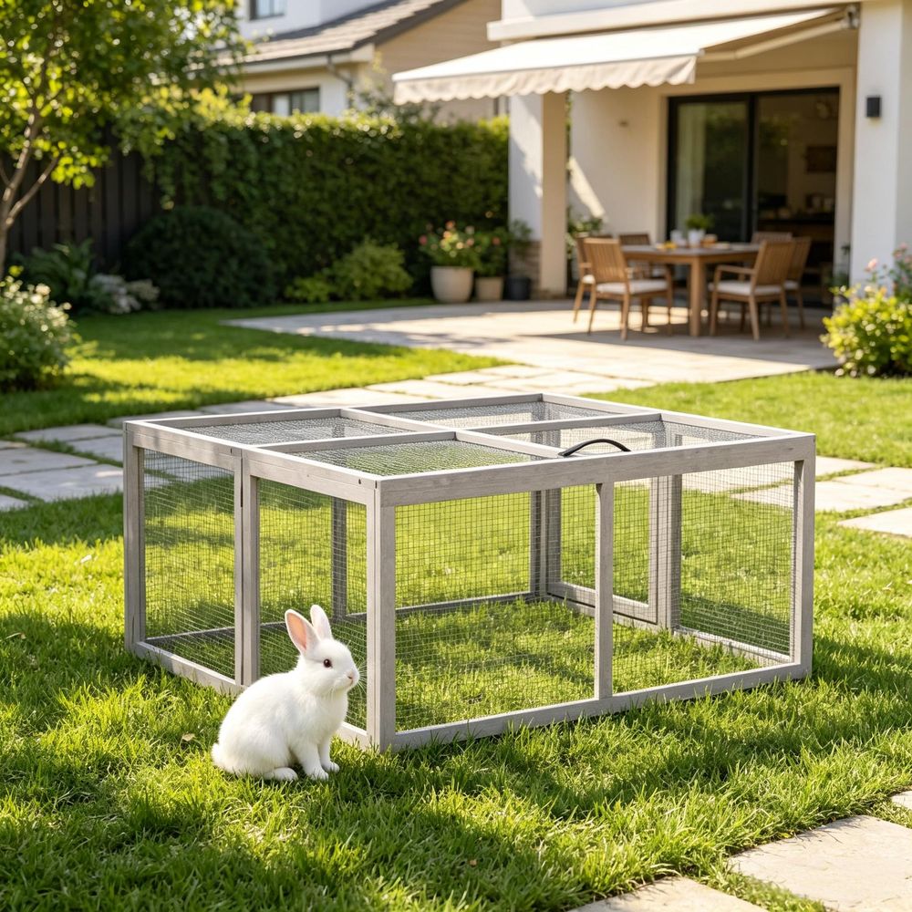 Clapier enclos lapin extérieur bois pin gris 110 x 105 cm pliable toit ouvrant