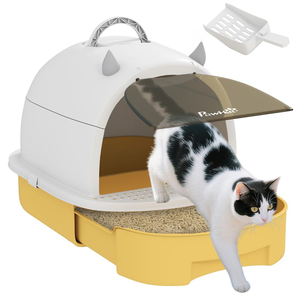 Maison de toilette pour chat anti-odeur avec filtre à charbon et plateau amovible jaune et blanc