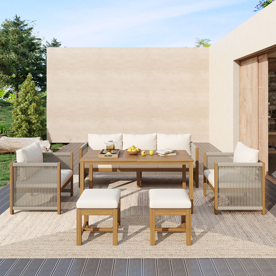 Salle à manger jardin 6 pièces: canapé 3 pers +2 fauteuils +2 tabourets + table à manger, acacia beige