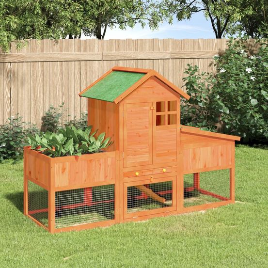 Clapier à 2 étages en bois de pin avec enclos pour jardin marron