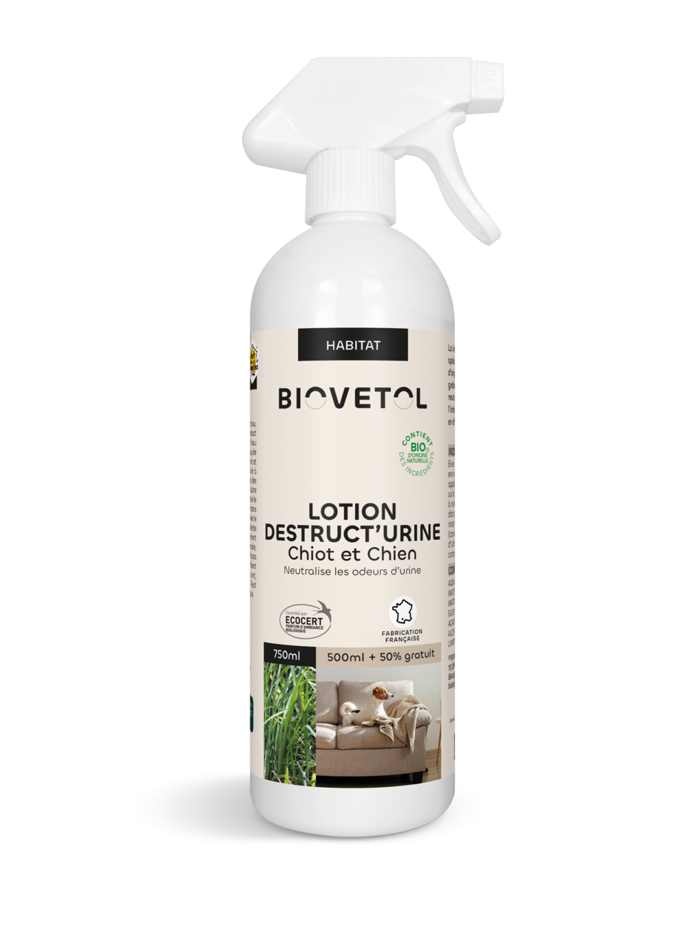 Lotion destructeur d'odeur urine - bio certifié ecocert- chien - répulsif -750ml