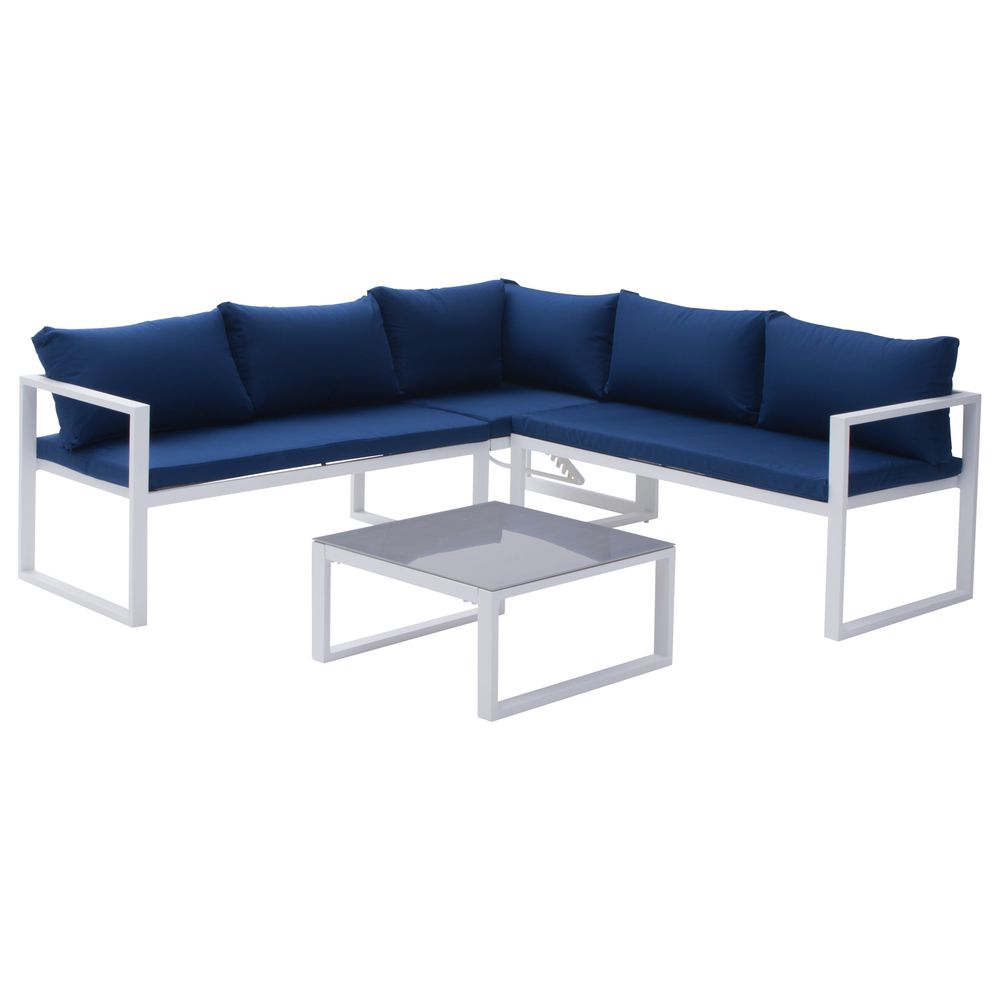 Salon de jardin modulable ibiza en tissu bleu 4 places - aluminium blanc