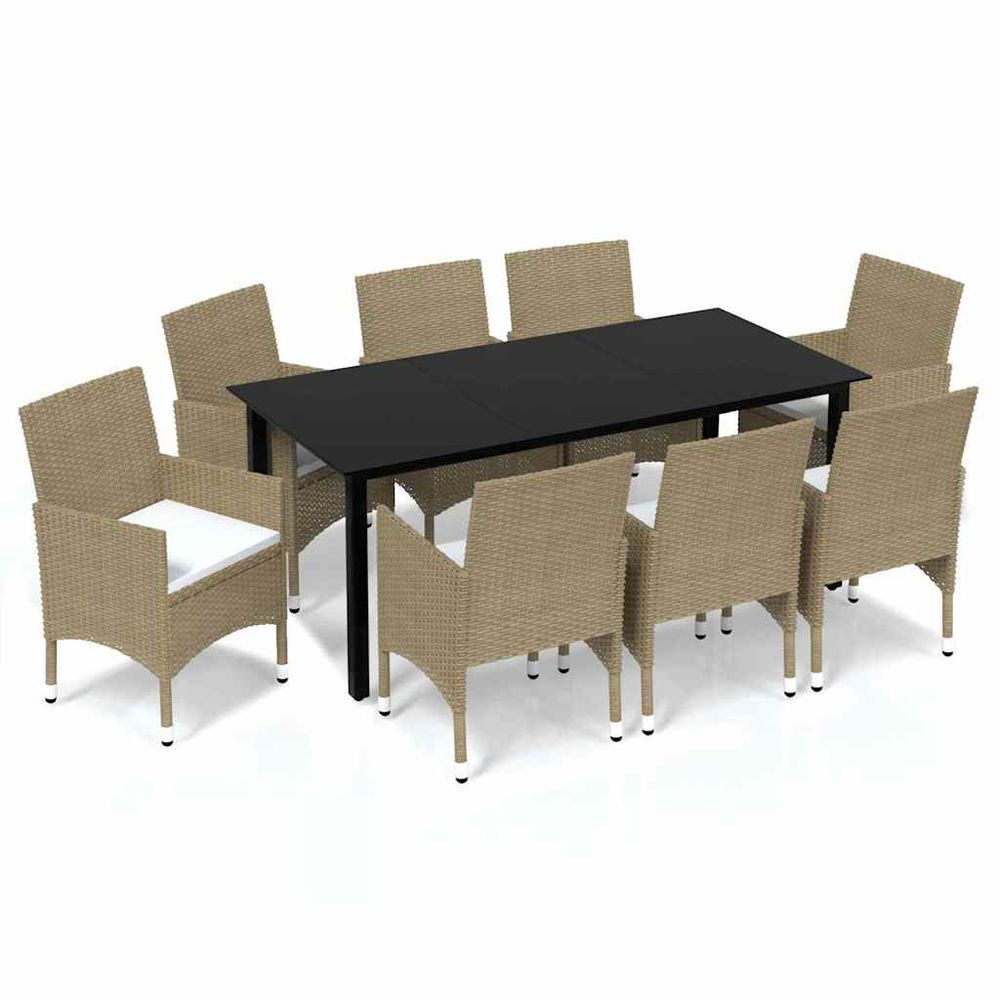 Ensemble à manger de jardin et coussins 9 pcs poly rotin beige