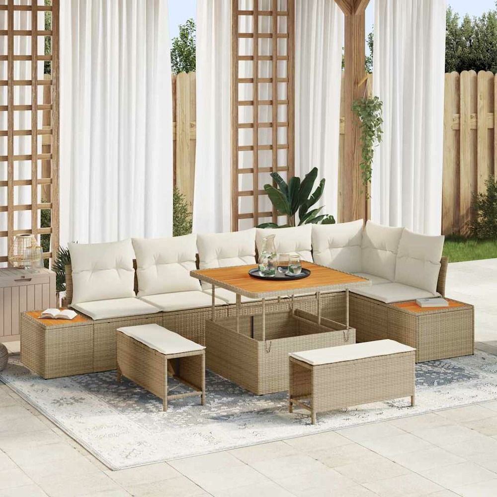 Ensemble de canapé de jardin 9 pcs beige polyrotin