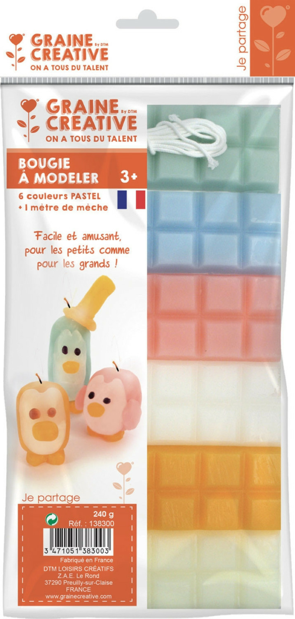 Cire à bougie 6 couleurs pastel 240 g + mèche